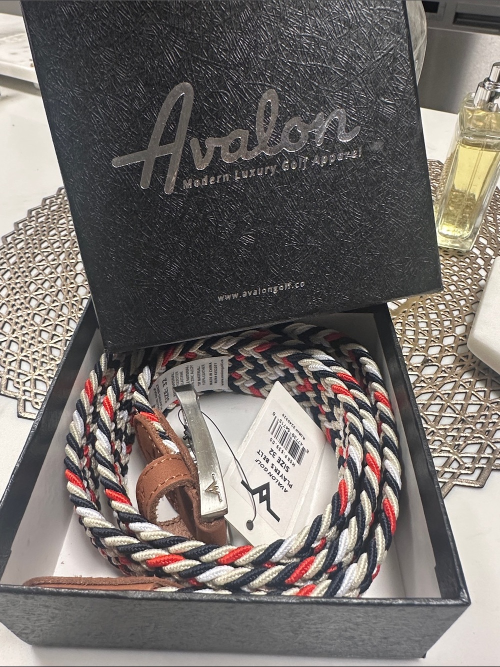Avalon Braided Rope Belt in Black, White & Red with Leather Trim